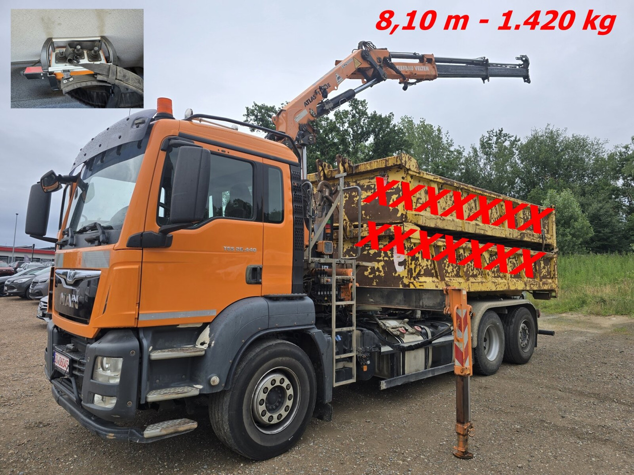 MAN TGS 28.440 6x2-4 BL TGS 28.440 6x2-4 BL, Atlas Kran VDL Abrollanlage, Funk, Lenk-Liftachse - Autocarro scarrabile, Camion con gru: foto 1 MAN TGS 28.440 6x2-4 BL TGS 28.440 6x2-4 BL, Atlas Kran VDL Abrollanlage, Funk, Lenk-Liftachse - Autocarro scarrabile, Camion con gru: foto 1