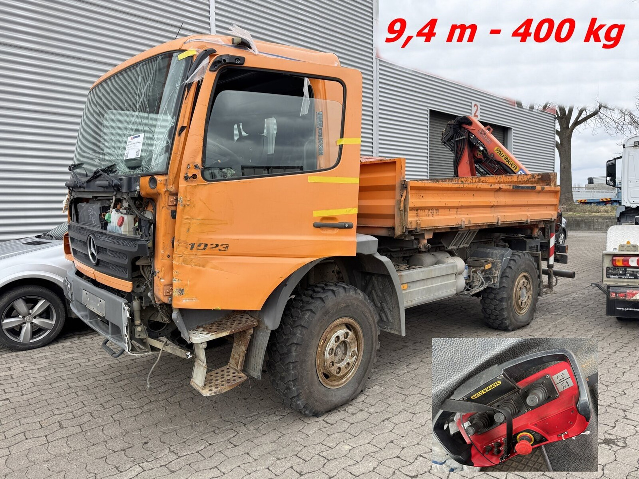 Mercedes-Benz Atego 1023 A 4x4 mit Unfallschaden! Atego 1023 A 4x4, Einzelbereifung, Heckkran Palfinger PK4501-B, Funk, UNFALLSCHADEN! - Autocarro telaio, Camion con gru: foto 1 Mercedes-Benz Atego 1023 A 4x4 mit Unfallschaden! Atego 1023 A 4x4, Einzelbereifung, Heckkran Palfinger PK4501-B, Funk, UNFALLSCHADEN! - Autocarro telaio, Camion con gru: foto 1