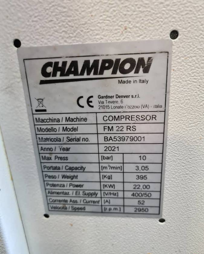 Compressore d'aria Kompresor śrubowy GARDNER DENVER CHAMPION FM22RS, 2021r, 22 kw, Falownik: foto 6