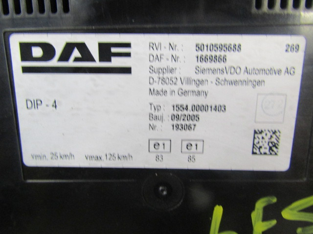 DAF LF 55 CLOCK CLUSTER P/NO 1669866 - Sistema elettrico per Camion: foto 2 DAF LF 55 CLOCK CLUSTER P/NO 1669866 - Sistema elettrico per Camion: foto 2