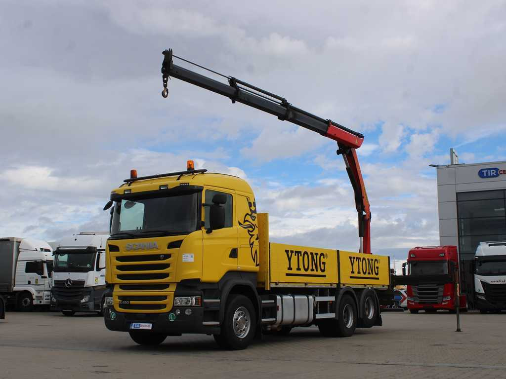 Autocarro con pianale/ Cassone fisso Scania R450, 6X2, EURO 6, SIDE, HYDRAULIC ARM PALFINGER PK 17.001: foto 1