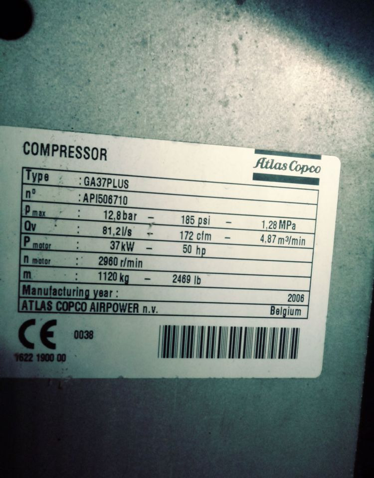 Kompresor Atlas Copco Atlas Copco GA37 Plus 2006 Kompresor sprężarka śrubowa - Compressore d'aria: foto 3 Kompresor Atlas Copco Atlas Copco GA37 Plus 2006 Kompresor sprężarka śrubowa - Compressore d'aria: foto 3