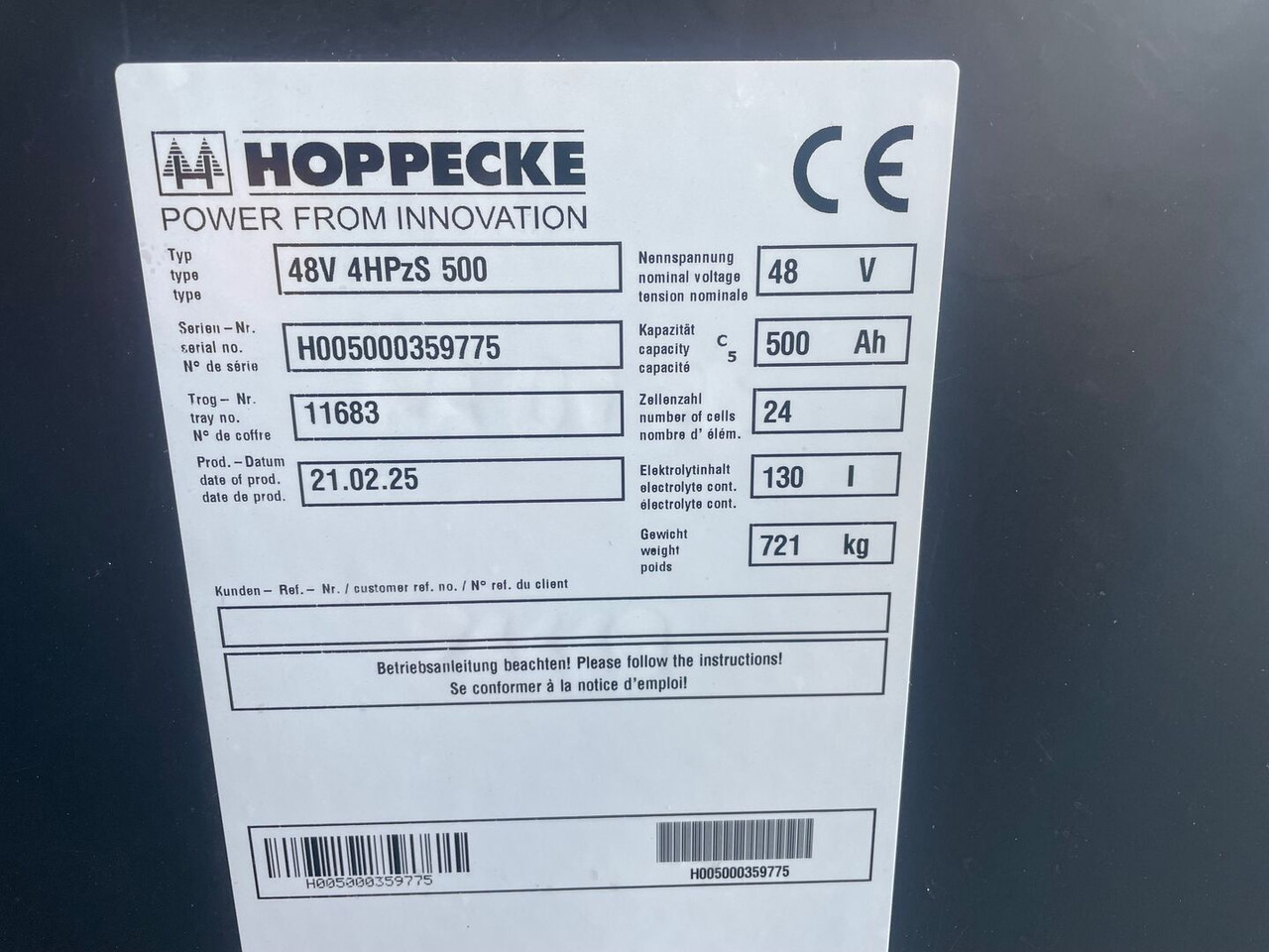 Hoppecke 48V 4 HPzS 500 - Batteria per Mezzo di movimentazione: foto 2 Hoppecke 48V 4 HPzS 500 - Batteria per Mezzo di movimentazione: foto 2