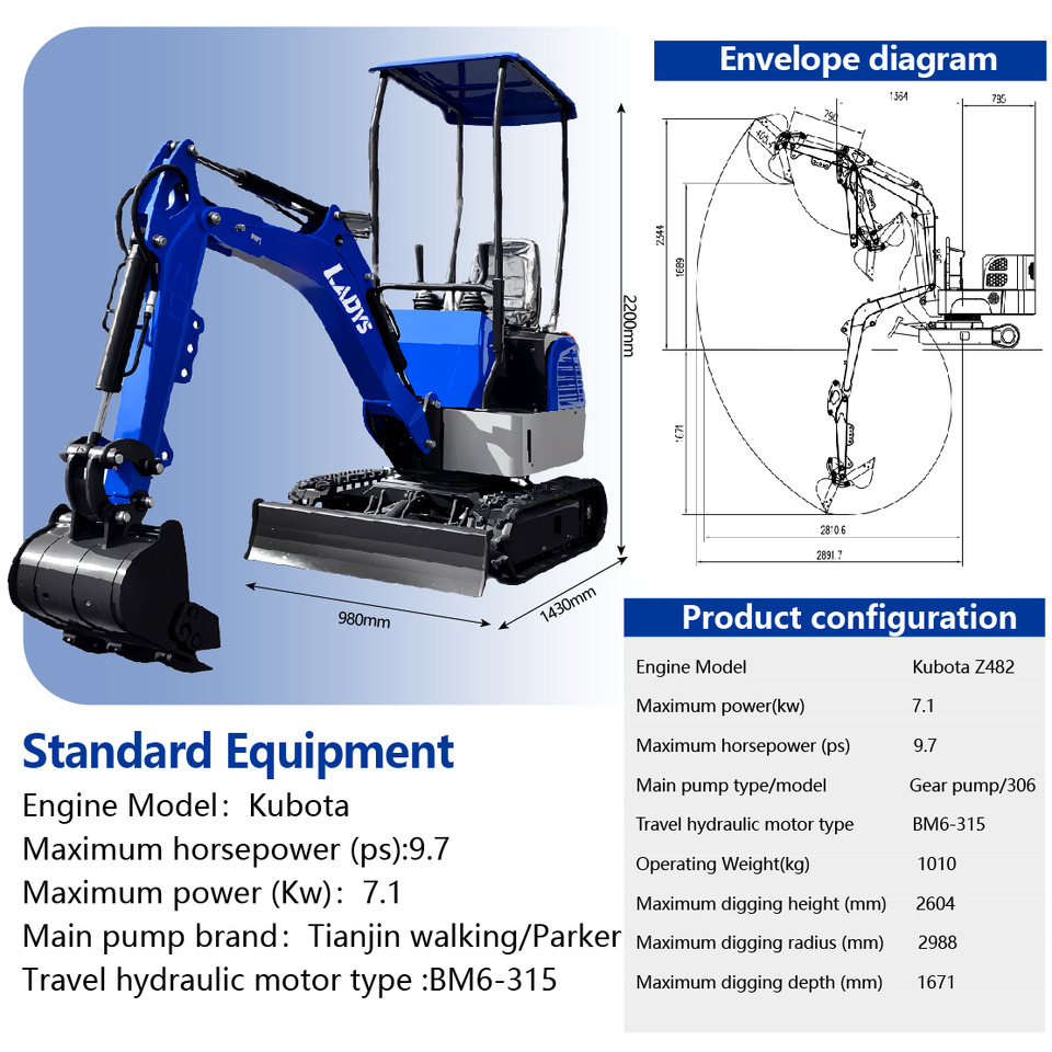 LADYS DY12Pro Mini Excavator Kubota Engine Euro 5/EPA/CE Mini Excavator Digger Miniexcavadora Mini Excavator For Sale - Escavatore cingolato: foto 2 LADYS DY12Pro Mini Excavator Kubota Engine Euro 5/EPA/CE Mini Excavator Digger Miniexcavadora Mini Excavator For Sale - Escavatore cingolato: foto 2