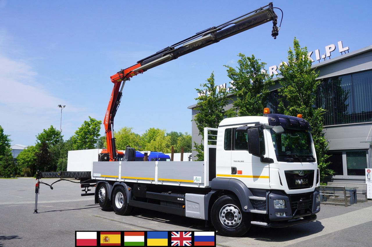 MAN TGS 26.360 Flatbed / Fassi F175 7.7 T / steered 3rd axle - Autocarro con pianale/ Cassone fisso, Camion con gru: foto 1 MAN TGS 26.360 Flatbed / Fassi F175 7.7 T / steered 3rd axle - Autocarro con pianale/ Cassone fisso, Camion con gru: foto 1