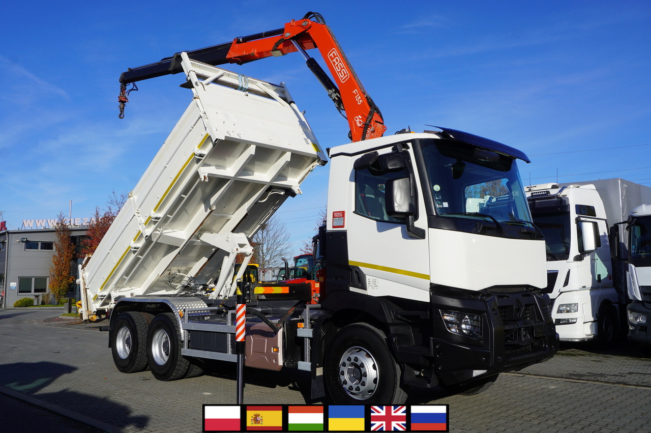 RENAULT C380 E6 6×4 / HDS Fassi F135 2700 MTH / Range 8 m / 5.6 t lifting capacity / 3-side tipper / Bortmatic - Camion con gru: foto 1 RENAULT C380 E6 6×4 / HDS Fassi F135 2700 MTH / Range 8 m / 5.6 t lifting capacity / 3-side tipper / Bortmatic - Camion con gru: foto 1