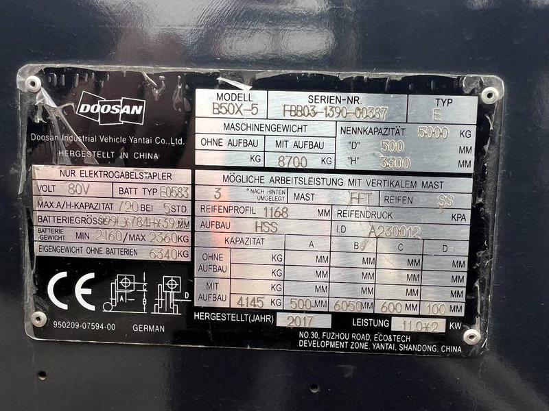 Carrello elevatore elettrico Doosan B50X5 5T 6m Triplex non-marking (1840): foto 10