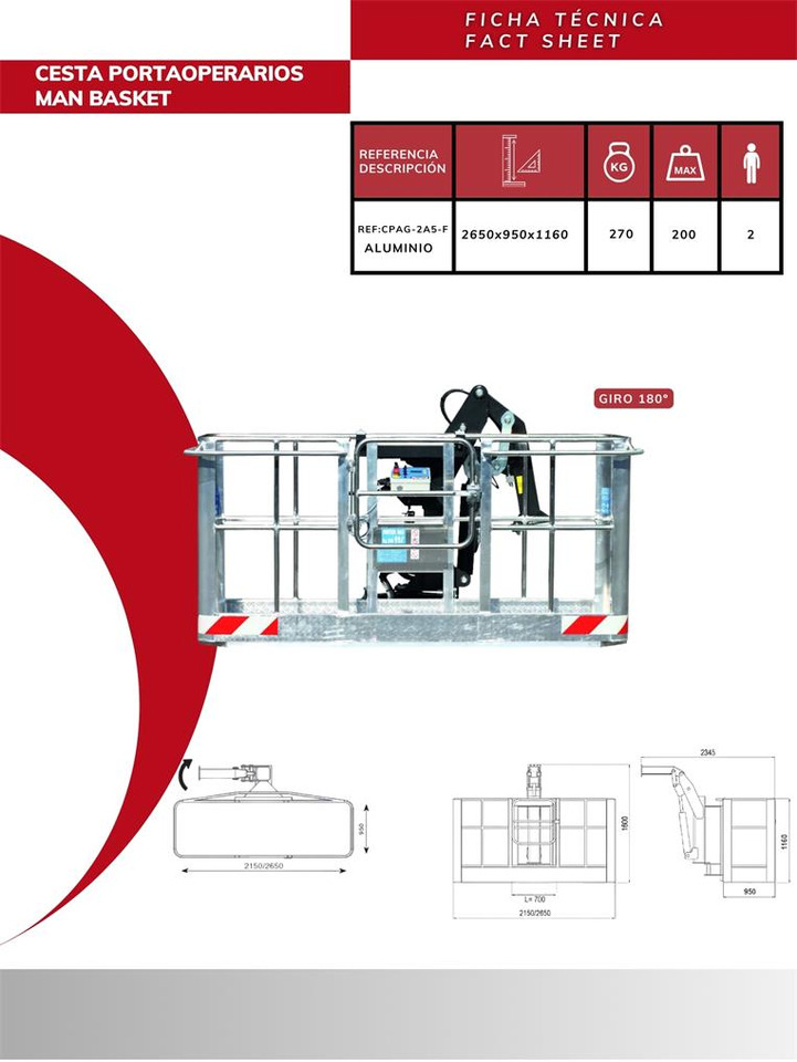 Aluminum self-leveling man basket with 180º rotati CPAG-2A5-F - Attrezzatura per Gru per autocarro: foto 2 Aluminum self-leveling man basket with 180º rotati CPAG-2A5-F - Attrezzatura per Gru per autocarro: foto 2