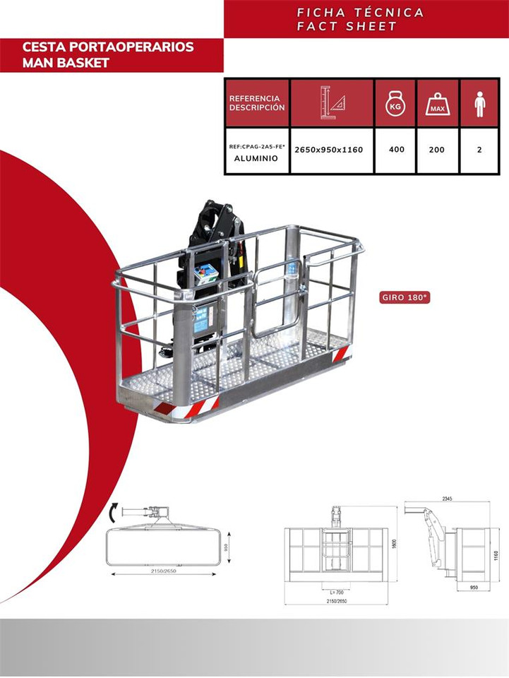 Self-Leveling Aluminum Man Basket 180º CPAG-2A5-FE* - Attrezzatura per Gru per autocarro: foto 2 Self-Leveling Aluminum Man Basket 180º CPAG-2A5-FE* - Attrezzatura per Gru per autocarro: foto 2